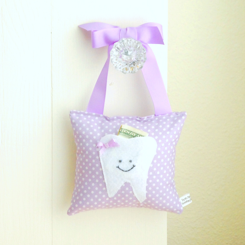 Tooth Fairy Pillow In Lavender And White Polka Dot Cotton